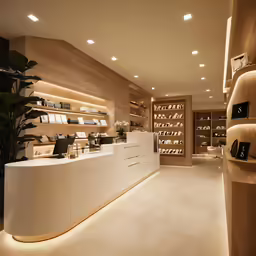 a reception counter is surrounded by shelves of jewelry