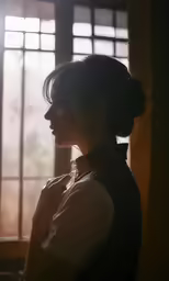 a woman stands near the window of her apartment