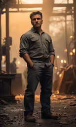 a man standing on a wet ground wearing work clothes