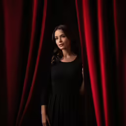 a woman posing behind a red curtain with dark backdrop