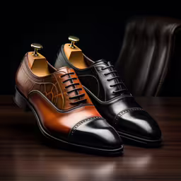 a pair of dress shoes, on a wooden surface,the two tone derby shoe is on top of the brown and black shoe
