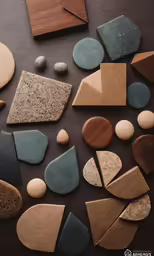 assorted shapes and sizes of stone, wood, or acrylic stones arranged on a dark surface