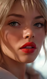 a woman is wearing bright lipstick and posing for the camera