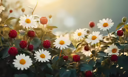white daisies, red raspberries and some leaves in the sun