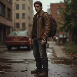 a young man stands in the street on the corner