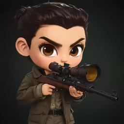 a 3d character with an eyeliner holding a rifle