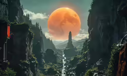 an image of a sci - fi fantasy looking landscape with a huge orange ball in the sky