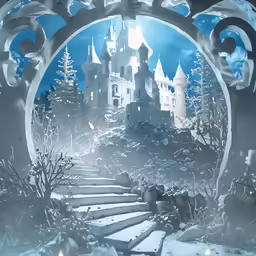 a snow scene with a castle through an open window