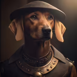 a dog wearing a military outfit with a hat and collar