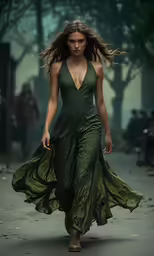 a woman in a long dress walking down the runway