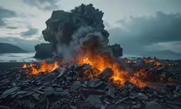 an enormous cloud of fire and coal on a dark beach