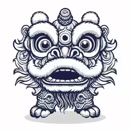 an oriental dragon face in white with blue background