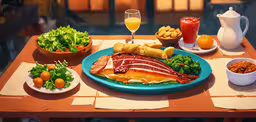 a painting of food on a table with a cup,a platter full of food including meat, bread and salad