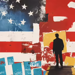 a man standing on a walkway with a flag in the background