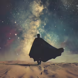 a man in a cloak standing on the sand looking up at the stars,a person walking across a desert under a sky full of stars
