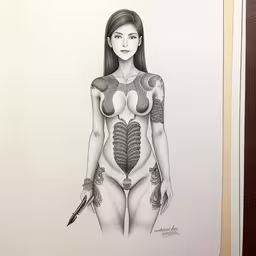 a pencil drawing of a woman with a sword,a drawing with an image of a woman holding a knife,a drawing of a woman holding a knife in her hand,a girl with tattoos holding a knife and wearing tight panties,the drawing shows a beautiful young woman holding a sword