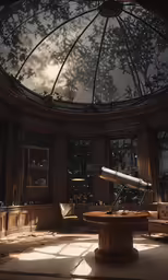 a telescope is in the middle of a domed room with large windows