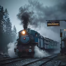 a steam engine and train sitting on a track in the fog