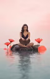 a woman is meditating on some stones in the water