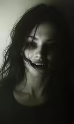 a woman has a toothy expression in the dark