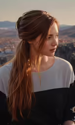 a woman is sitting on top of a hill