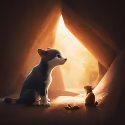an adorable little dog next to a small mouse in the background