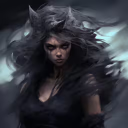 an illustration of a cat woman with big ears,a digital painting of a woman in a black dress with white hair and a wolf head