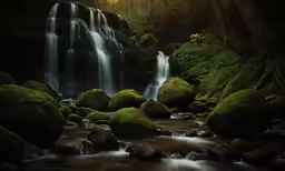 a waterfall running through the forest with moss on the rocks