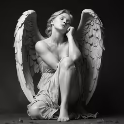 a statue is sitting on a floor with wings