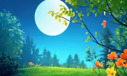 a green field with flowers next to a tree and a full moon