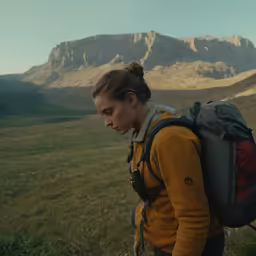 a woman with a backpack on the mountains