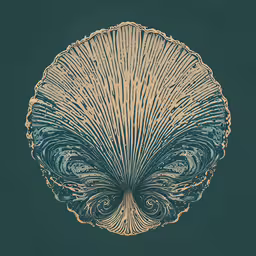 an illustration of an abstractly - designed scallop shell,the shell has intricate designs on it