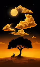 a couple are standing under a tree under the moon and clouds