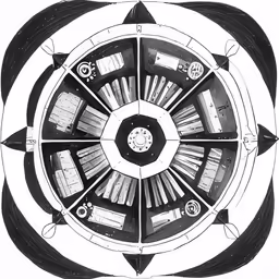 a circular drawing of an abstract geometric pattern with many symbols