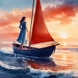 a woman standing on the end of a boat in the ocean,a painting of a girl on a sail boat in the ocean