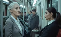 two woman stand at the edge of a subway station