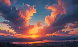the sun sets over the water with many clouds