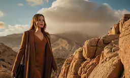 a woman standing near a mountain with mountains in the background
