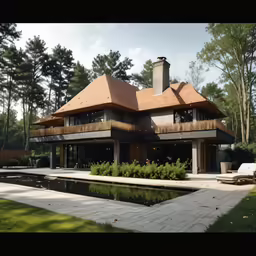 a house with a water pool in the front yard