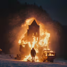 a man standing near a car on a road with fire coming out of the back