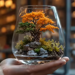 a person is holding an upside down glass vase containing some plants