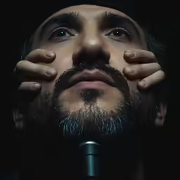 a man looking up while sitting behind a microphone