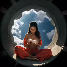 a young woman in orange dress looking at something