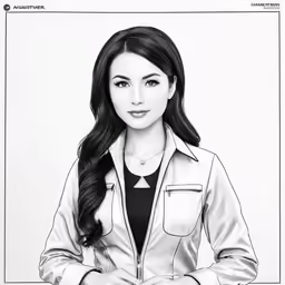 a drawing of an asian woman with a white jacket