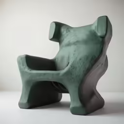 a green concrete statue with large arms sitting on a white table
