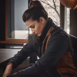 a woman sitting at a desk looking over a phone