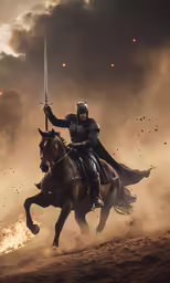 a guy riding a horse with a sword