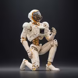 a robot dressed in white with leopard print and black accents, holding a camera
