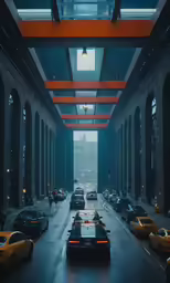 a line of cars sits parked on the side of a street in a building with high ceilings