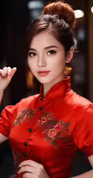 a woman in a red top posing for the camera